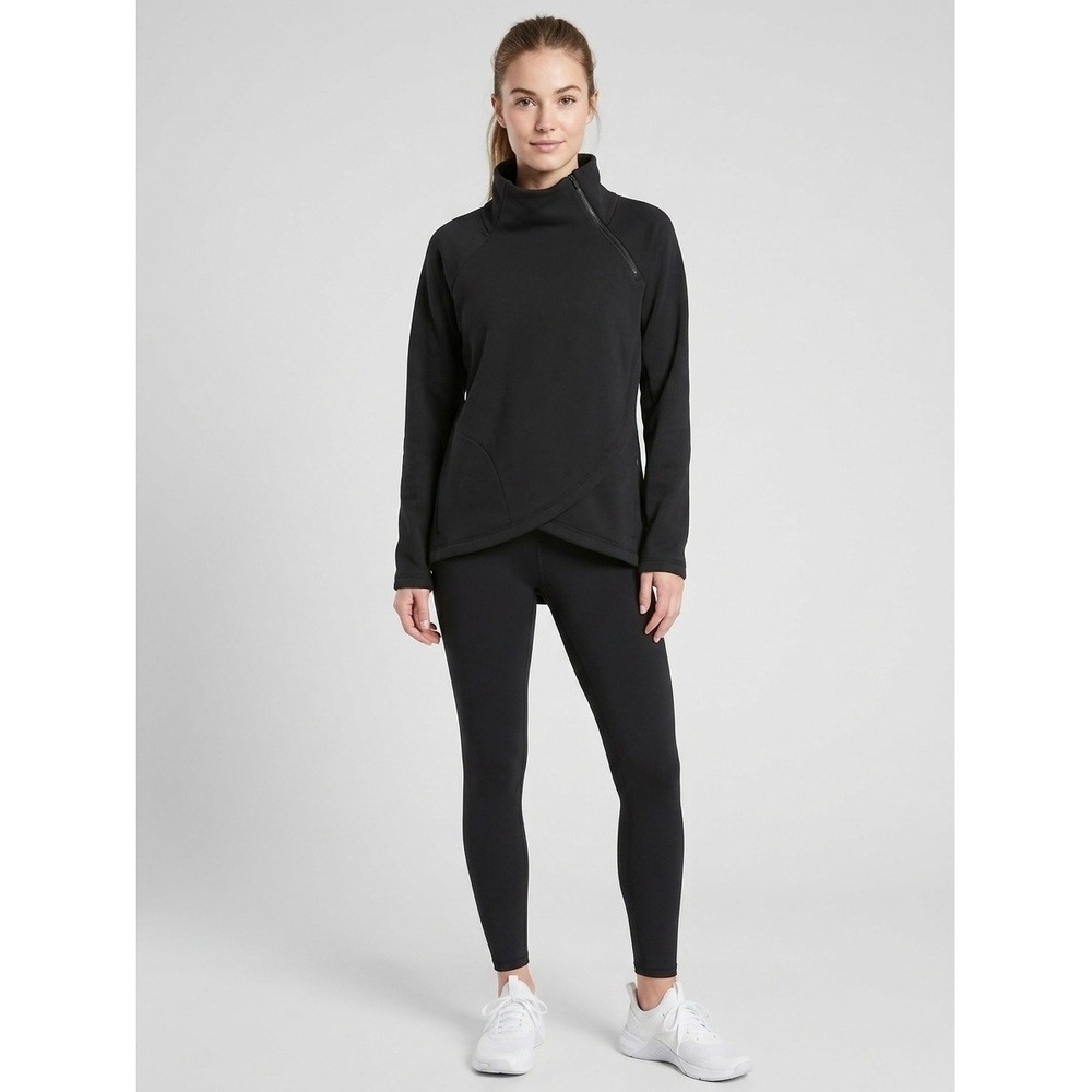 Athleta Womens Asymmetric Quarter Zip Tulip Hem Fleece Sweatshirt Black S 78387
